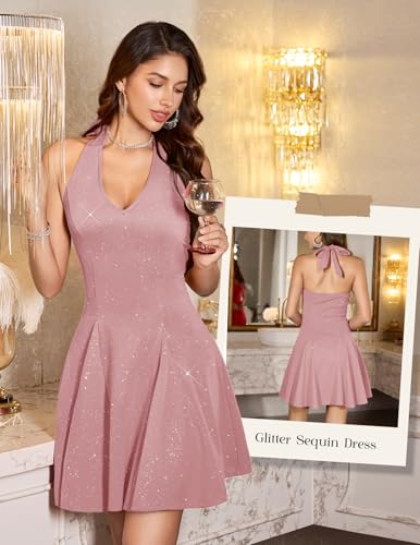Image of HomRain Glitter Sparkle V Neck Cocktail Dress for Women 2026 A Line Backless Halter Sequin Homecoming Evening Party Dresses
