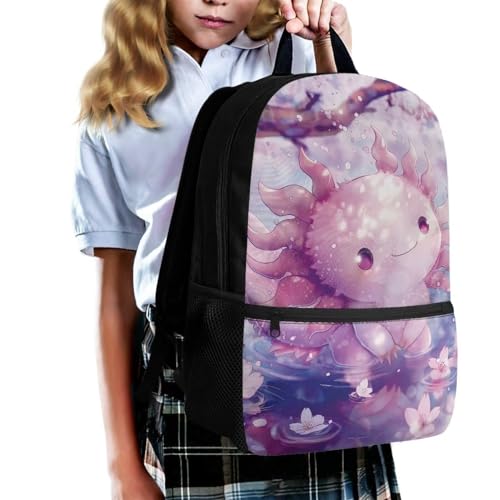 HUGS IDEA Kid's School Backpack Cherry Blossom Axolotl School Bookbag for Teens Girls Lightweight Middle School Back Pack Daypack3
