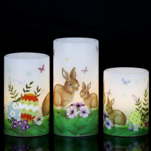 Image of Easter Bunny Flameless Flickering Candles with 6 Hour Timer, Battery Operated Real Wax White LED Pillar Candles Warm Light Dinner Table Home Decor(3 x 4,5,6 Inches)