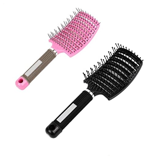 Curved Vented Styling Hair Brush, 2PCS Anti Frizz Hair Detangling Brush, Vent Hair Brush, Curved Anti Static Styling Tool for Wet Hair or Dry Hair (Black,Pink)
