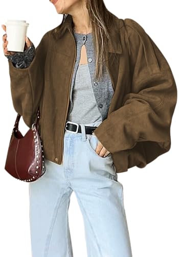 Ptorlio Womens Faux Suede Bomber Jacket Casual Oversized Cropped Zip Up Y2k Trendy Coat Fall Jackets Streetwear