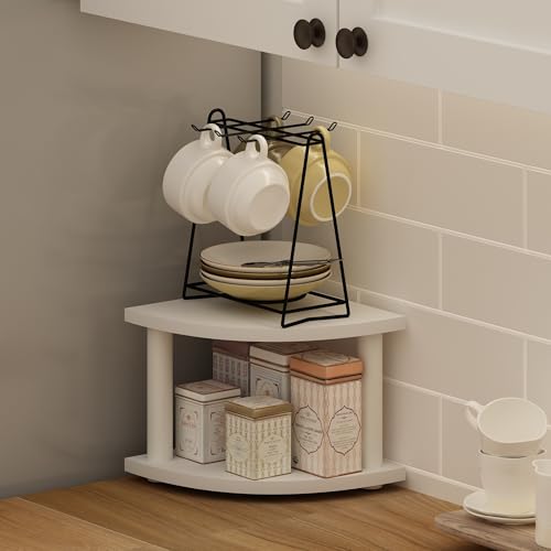 Image of Furinno Turn-N-Tube Kitchen Countertop Organizer, 2-Tier Corner Countertop Organizer Shelf, Corner Shelf, for Kitchen, Pantry, Organizers and Storage, White