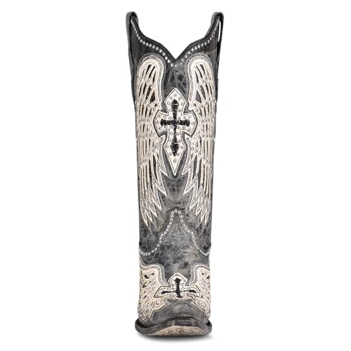 CORRAL LADIE'S BLACK CROSS & WINGS OVERLAY & STUDS, SNIP TOE, LEATHER SOLE, WESTERN, A42323