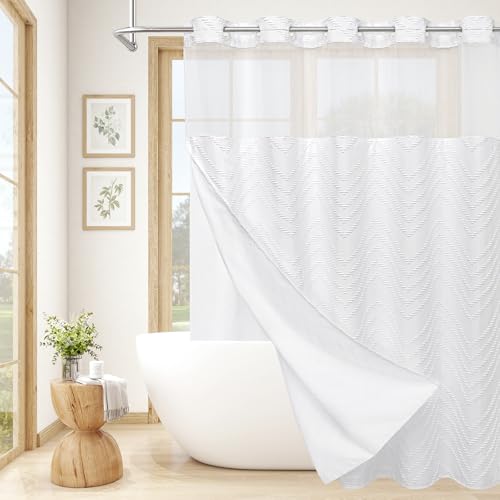 Craidlela No Hooks Boho White Shower Curtain Set with Snap-in Liner, Farmhouse Woven Fabric Tufted Chevron Striped Textured Shower Curtain, Modern Style with See Through Window 72 x 74 by Craidlela - Used condition - US$17.39