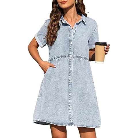 KDF Denim Dress for Women with Pockets Short Sleeve Babydoll Denim Shirt Dresses for Women 2024 Sky Blue Size Medium Cover
