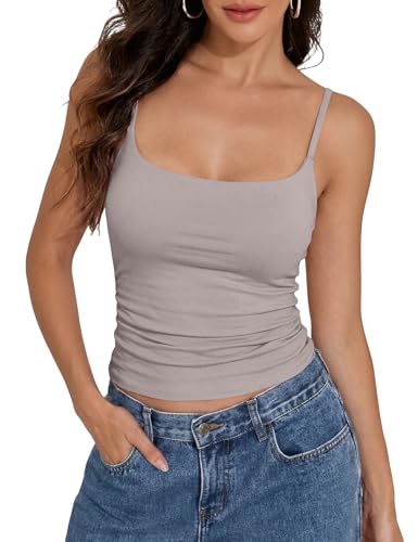 PrettyGuide Womens Cotton Shelf Bra Cami Tank Tops Square Neck Spaghetti Strap Tight Fitted Basic Summer Sleeveless Y2K Tops Oyster S