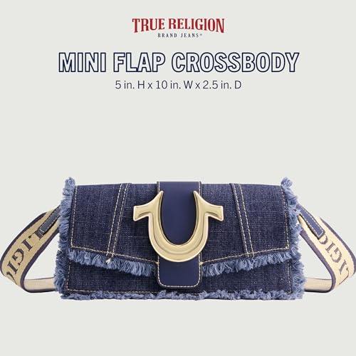 True Religion Women's Shoulder Bag Purse, Frayed Denim Mini Flap Crossbody Handbag with Horseshoe Logo, Denim2