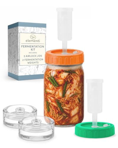 Elementi Fermentation Kit - Set of 2 Glass Fermenting Weights and Mason Jar Fermentation Lids for Wide Mouth Mason Jars - Sauerkraut & Pickling Kit - Make Perfect Kimchi Pickles & Sauerkraut at Home