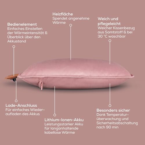 Beurer Heaty Heizkissen, kabelloses Heizkissen mit Akku, Wärmekissen mit Abschaltautomatik und 3 Temperaturstufen, mit Schnellheizung, weicher Samtstoff, blush-rose/rosa