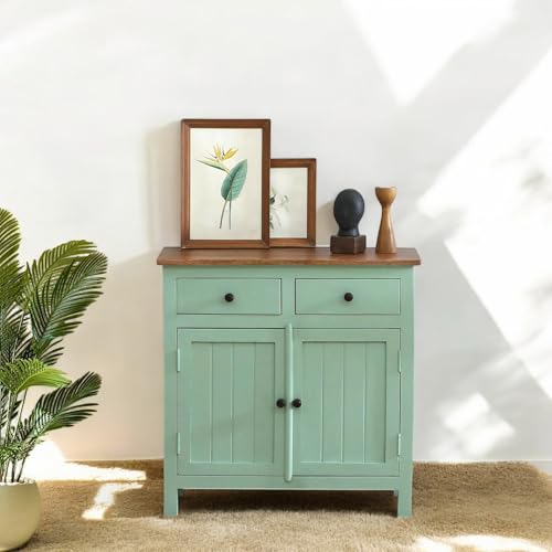 Image of Solid Wood Sideboard Cabinet | 2 Drawers | Scratch-Resistant Tubaq Top with Sage Green Finish | Stylish Storage for Living Room Decor