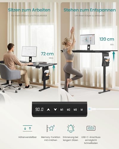 SONGMICS Höhenverstellbarer Schreibtisch elektrisch, 180 x 80 cm, Memory-Funktion mit 4 Höhen, USB-C-Anschluss, tintenschwarz LSD138BZ01
