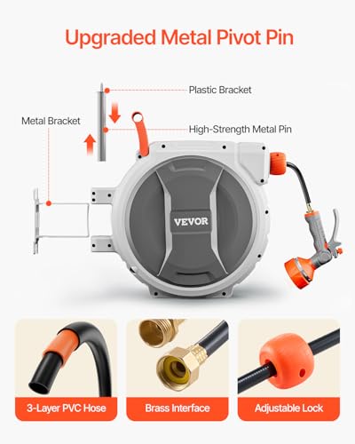 Image of VEVOR Retractable Garden Hose Reel, 1 /2 Inch x 145 ft Wall Mounted Hose Reel, Heavy Duty Garden Hose Reel with 9 Patterns Nozzle, Any Length Lock, Upgraded Slow Return System and 180Swivel Bracket | Heavy Duty Garden Tool with 9 Patterns Nozzle, Any Length Lock, Upgraded Slow Return System, 180 Swivel Bracket & PP Shell