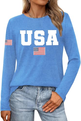 Cutesong USA Shirt for Women American Flag T-Shirts 1776 4th of July Patriotic Long Sleeve Tops