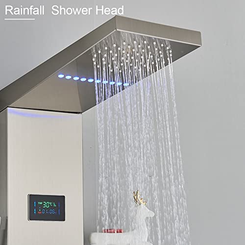 Liujun Led Light Lcd Shower Faucet Bathroom Spa Massage Shower Column System Waterfall Rain Shower Panel With Shelf Tap #TOP4