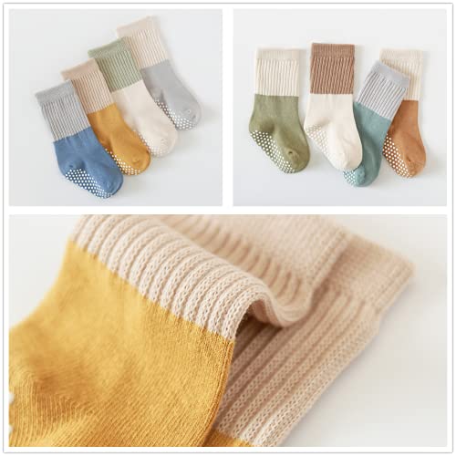 J Poqobog Kleinkind Baby Mädchen Jungen Socken - Baumwolle Rundsocken für Baby Geschenke Pack Baumwollreiche Kniestrümpfe Set (1-3 Jahre, Blau Grün Rutschfest 8 Paar)