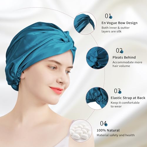 townssilk 100% Mulberry Silk Women's Night Hat, 16 Momme Sleep Cap, Silk Shower Cap, Good for Hair, Protects Hair, Silk Night Hat, Double Layer, Peacock Blue - Image 3