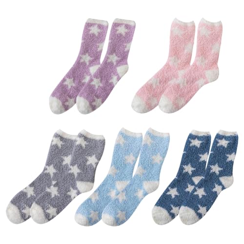 ccHuDE 5 Pairs Star Fluffy Socks Warm Fuzzy Socks Cozy Plush Socks Winter Home Sleeping Socks Cute Slipper Socks Sleep Socks