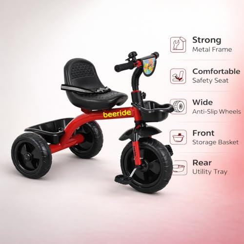 Image of Smart & Safe Kids Tricycle with EVA Wheels, Storage Basket & Seat Belt | Kiddo 3-Wheel Tricycle Cycle for Toddlers Age 3-5 Years | Red Baby Tricycle for Boys & Girls (Red)