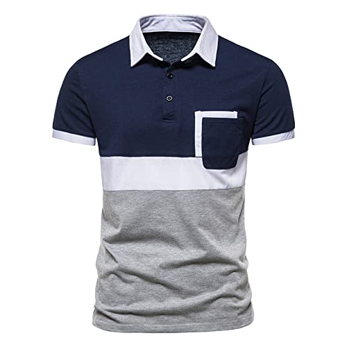 Casual Lapel Collared Waffle Shirts Patchwork Pocket T-Shirts Tees Loose Button Golf Athletic Shirt (Navy Blue,XX-Large)