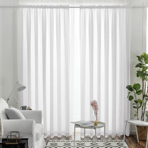Melodieux White Semi Sheer Curtains 108 Inches Long for Living Room Bedroom, Extra Long Linen Look Rustic Light Filtering Shiny Sheer Drapes Curtains Rod Pocket, 52" W x 108" L, 2 Panels