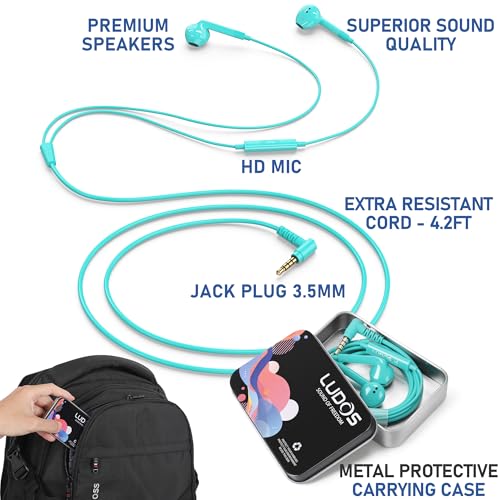Image of LUDOS FEROX Wired Earbuds in-Ear Headphones, 5 Year Warranty, Earphones with Microphone, Noise Isolation Corded for 3.5mm Jack Ear Buds for iPhone, Samsung, Laptop, Kids, School Students - Turquoise