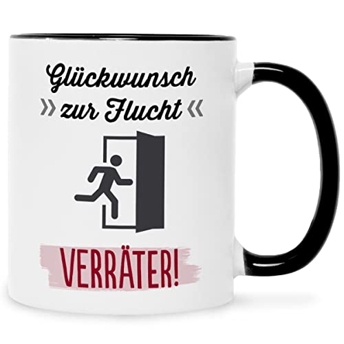 Tazza stampata con scritta in lingua tedesca Glückwunsch zur Flucht Lustige Geschenke für Arbeit Büro Divertente Geschenk für Freunde & Ex Kollege zur Kündigung oder Jobwechselung Farbe: