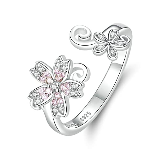 Anillo de plata 925 flor de cerezo rosa ajustable para mujer