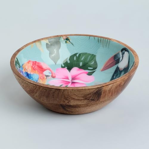 Image of SAAGA Printed Mango Wood Mixing Bowl - 8 x 2.5 Inch Large Stylish Wooden Serving Bowl for Salad, Fruits, Snacks & Curries - Tourmaline Finish