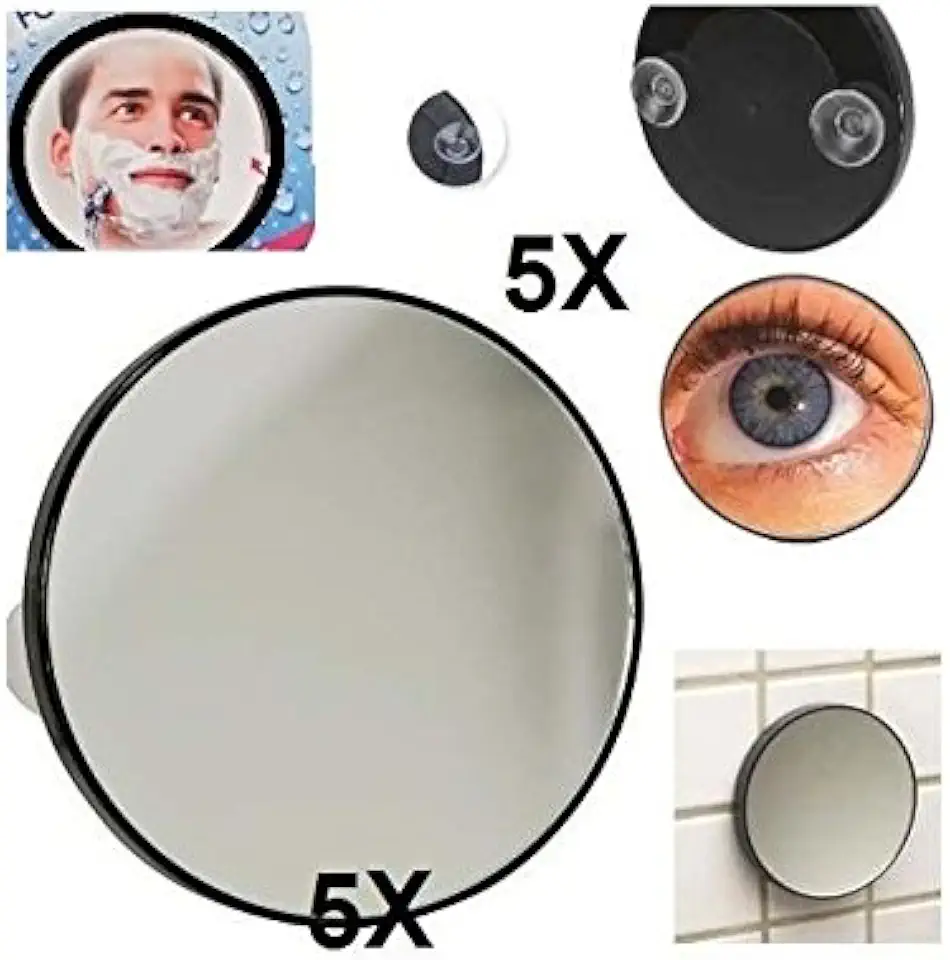 ESPELHO DE AUMENTO 5X ANTI EMBACANTE COM 2 VENTOSAS PARA BANHEIRO, MAQUIAGEM E SOMBRANCELHA