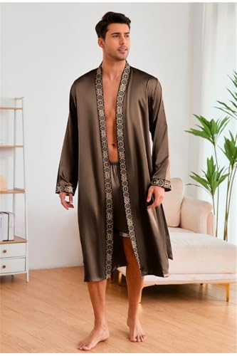 Men's Satin Nightgown Pajama Sets Long Sleeve Kimono Robe With Shorts 2 Pieces Sets Sleepwear3