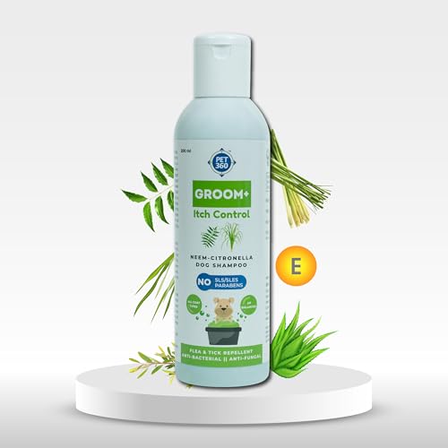 PET360 Groom+ Itch Control Tick & Flea Relief Gel Shampoo for Dogs | Cleanse & Detangles Coat | Neem & Lemon Grass Oil | Anti-Fungal, Anti-Microbial Formula | Sulphate & Parabens Free - 200 ml
