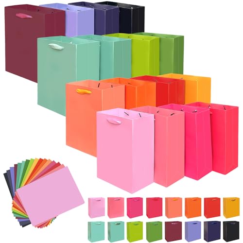 Gcardist 16 Colors Gift Bags with Tissue Paper for Wedding, Birthday, Party Supplies-7.9"x4.3"x9.6" Light Color Series Medium Size Cardboard Gift Bags （16pcs Bags + Tissue Paper ）