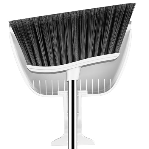 EZKEY Broom and Step-on Dustpan Set, 59-in Adjustable Long Handle Broom with Dustpan Combo Set Outdoor Angle Broom for Sweeping Indoor Dust Pet Hair for Cleaning Kitchen Garage Deck Patio, White