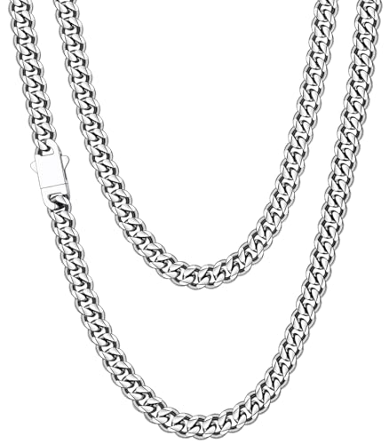 Fiusem 6mm Silver Colored Chains for Men, Silver Plated Cuban Link Chain Necklace for Men and Women, Stainless Steel Necklaces 22 Inch