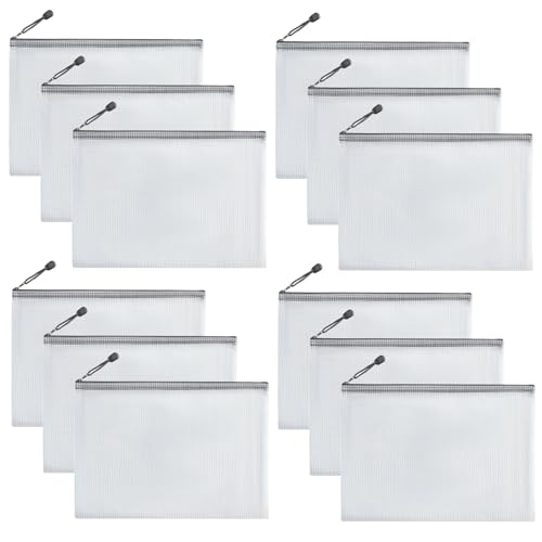 12 Stück Dokumententasche A6, Wasserdichte Tasche Mit Durchscheinendem Mesh-Design Und Reißverschluss. Praktische Zip Beutel Für Dokumente, Papier, Quittungen, Kosmetika & Hausaufgaben