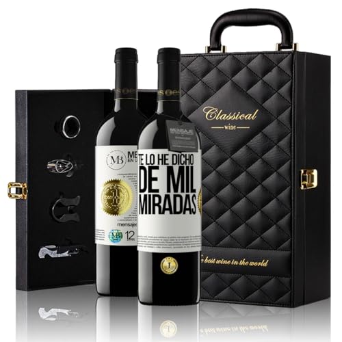 «Te lo he dicho de mil miradas» Mensaje en una Botella. Estuche-Maletín de LUJO 2x Vino Tinto Premium Reserva 12 Meses y Set de 4 Accesorios. Etiqueta Blanca PERSONALIZABLE