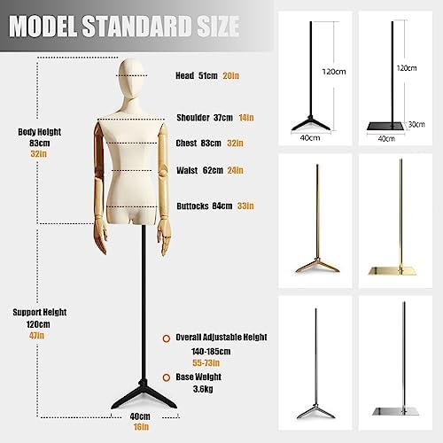 Adjustable Female Mannequin Torso Display for Retail Clothing, Dress Form with Detachable Head & Arms, Height Adjustable Body Mannequin Stand (Gold, Size B)