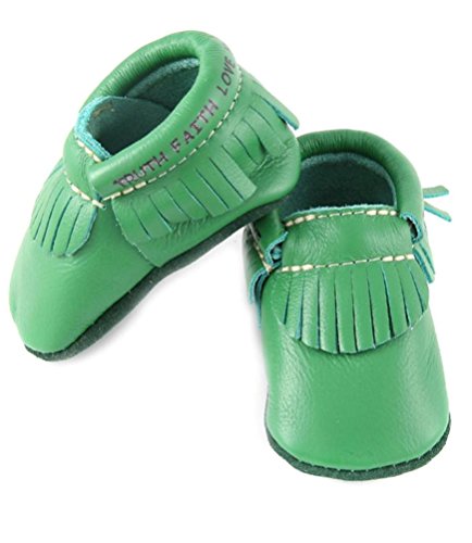 First Steps Classic Green Leather Moccasins with Bible Verse, 3 M US Infant