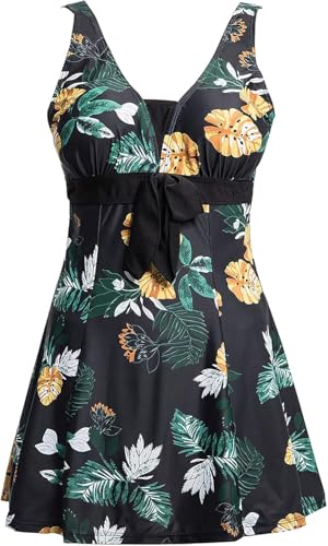 Ecupper Badeanzug Damen Elegant Einteiliger Badeanzug Mit Brustpolster Badeanzugkleid Baderock Schwarz 2XL