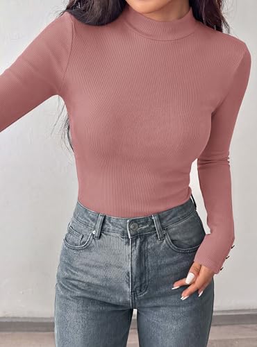 PRETTYGARDEN Women's Ribbed Mock Neck Long Sleeve Tops (Pink,M) — view 3
