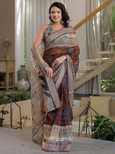 Image of Satrani Women's Linen Printed & Embroidery Ready To Wear Saree with Unstitched Blouse Piece