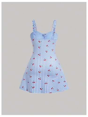 Image of MakeMeChic Women's Gingham Cherry Print Cami Dress Tie Front Sleeveless Mini Dresses Sundress