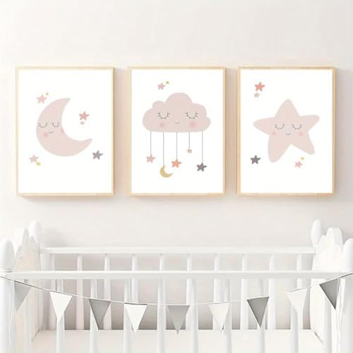 Tableau dessin animé rose lune et étoiles pour chambre bébé cocooning