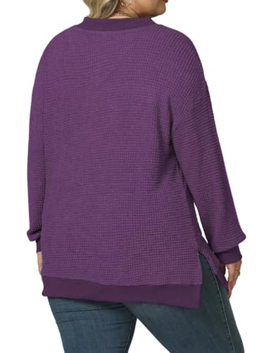 Image of DOLNINE Plus-Size-Tops for Women Casual V Neck Pullover Cute Waffle Knit Lantern Sleeve Sweaters Fashion Side Split Tunics
