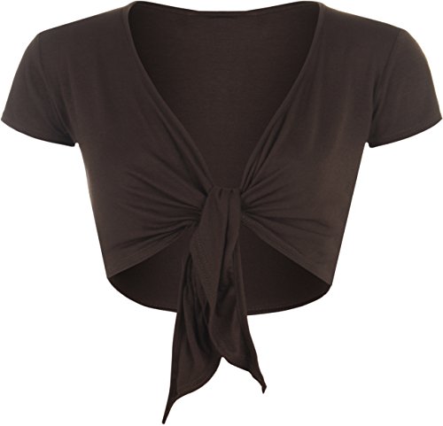 WearAll New Ladies Tie Up Shrug Crop Top Womens Short Sleeve Stretch Open Top Dark Brown 12/14