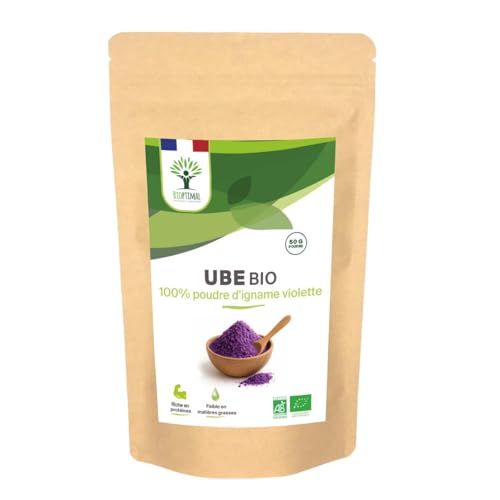 BIOPTIMAL - Ube Bio - Poudre d'Igname Violet - Ingrédient Colorant Alimentaire pour Latte Dessert Pâtisserie Glace - Vegan Sans Gluten Ni Caféine - Contrôlé et Conditionné en France - Ecocert - 50g