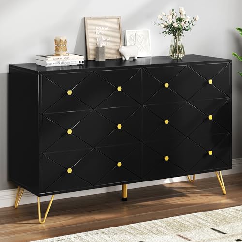 DWVO Upgrade Large 6 Drawer Dresser for Bedroom, Black Wood Dresser Chest of Drawers with Fluted Panels, Modern 47" W TV Stand Double Dressers Storage Cabinet for Living Room, Hallway, Entryway