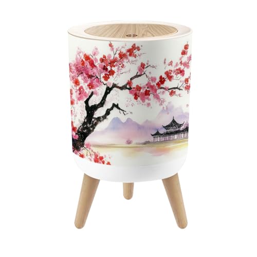 Image of Small Trash Can with Lid Realistic Blossom Japanese Cherry Tree White Watercolor 1.8 Gallon Dog Proof Trash Can Round Garbage Can Waste Bin Wastebasket for Bathroom Bedroom Living Room