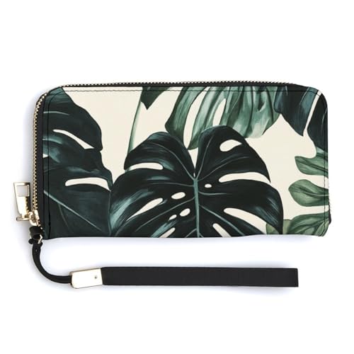 Green Dark Monstera Tropical Leaves PU Leather Clutch Long Bifold Wallet, Coin Purse Credit Pass Case, Durable Card-Holder Money Storage for Women Men
