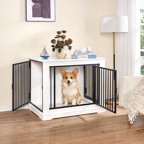 BEWISHOME Hundekäfig Möbel,81cm Hundebox für Zuhause,3 Türen,Moderne Hundekäfig für Zuhause Holz Indoor für kleine/mittlere Hunde,Beistelltisch,81x55x67.5cm,Weiß EMGL03W